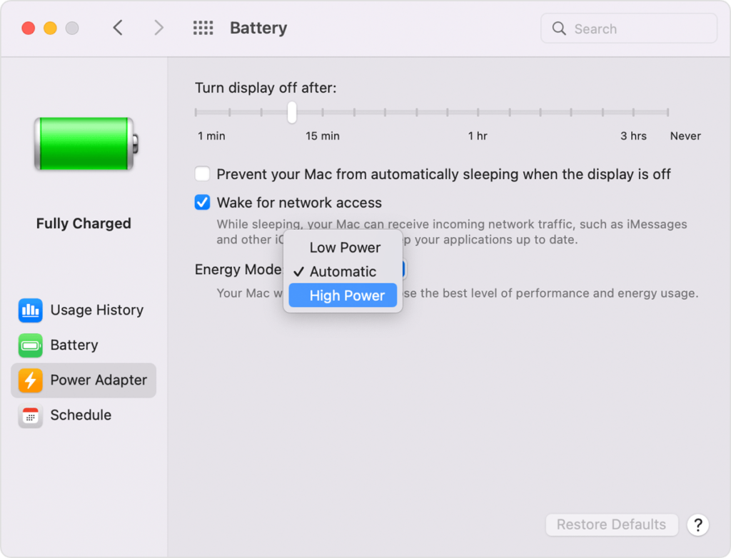 macos monterey system prefs battery high power mode